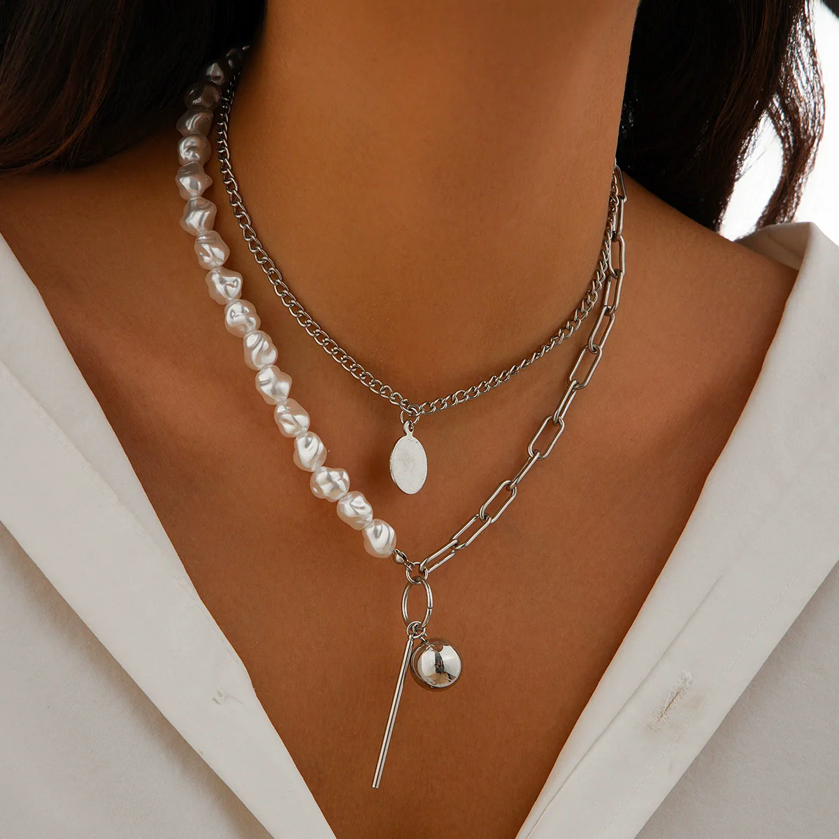 Wholesale Necklace Alloy Geometric Imitation Pearl Multilayer Stacked Electroplating For Women - Image 7