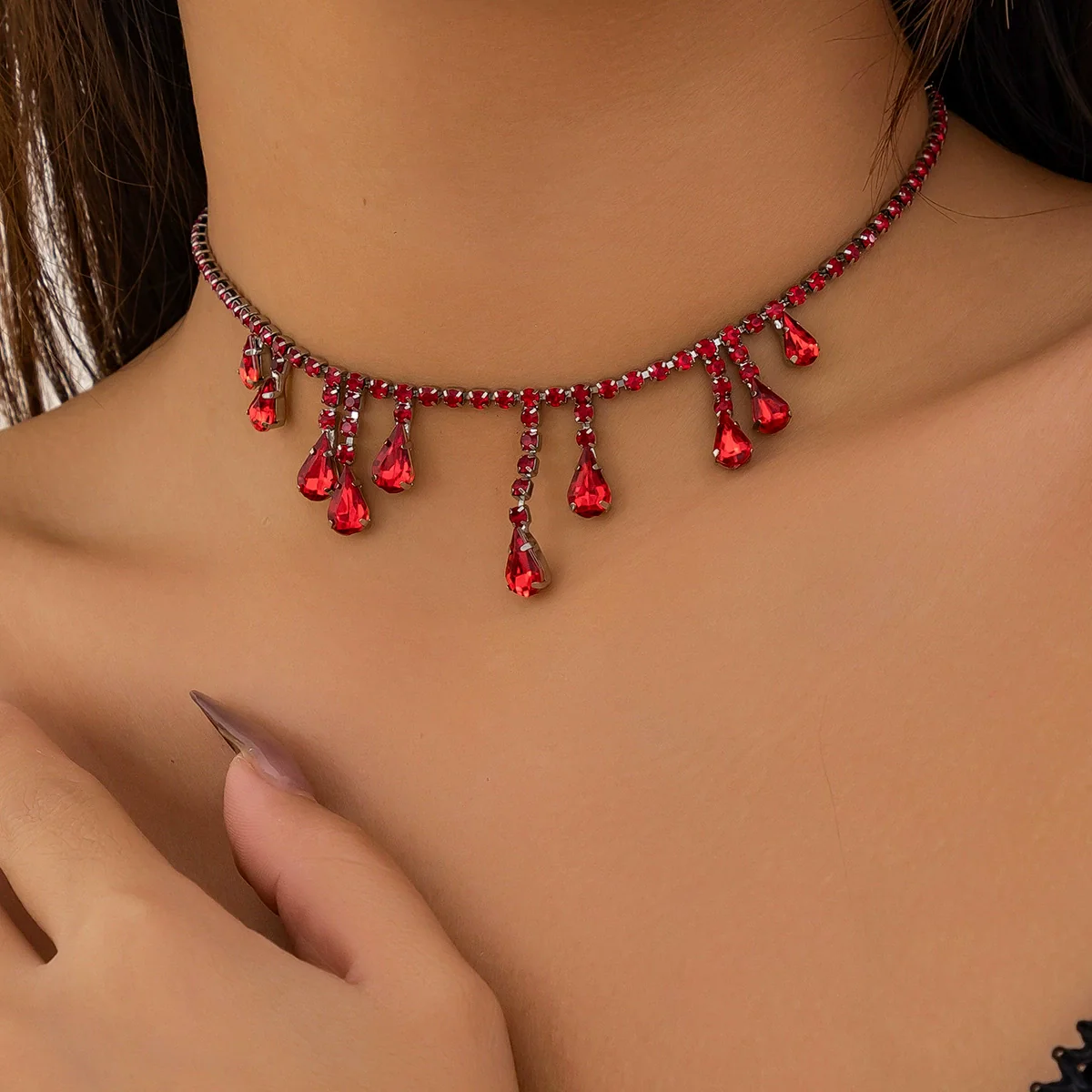 Wholesale Necklace Artificial Crystal Beaded Geometric Blood Drop Tassel Retro Gothic Style For Women - Image 2