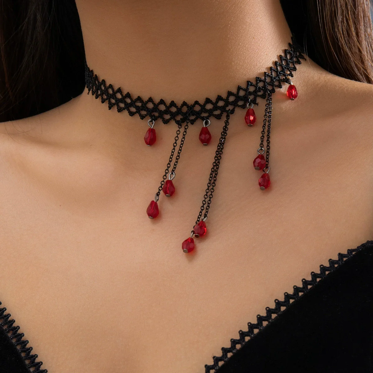 Wholesale Necklace Artificial Crystal Beaded Geometric Blood Drop Tassel Retro Gothic Style For Women - Image 3