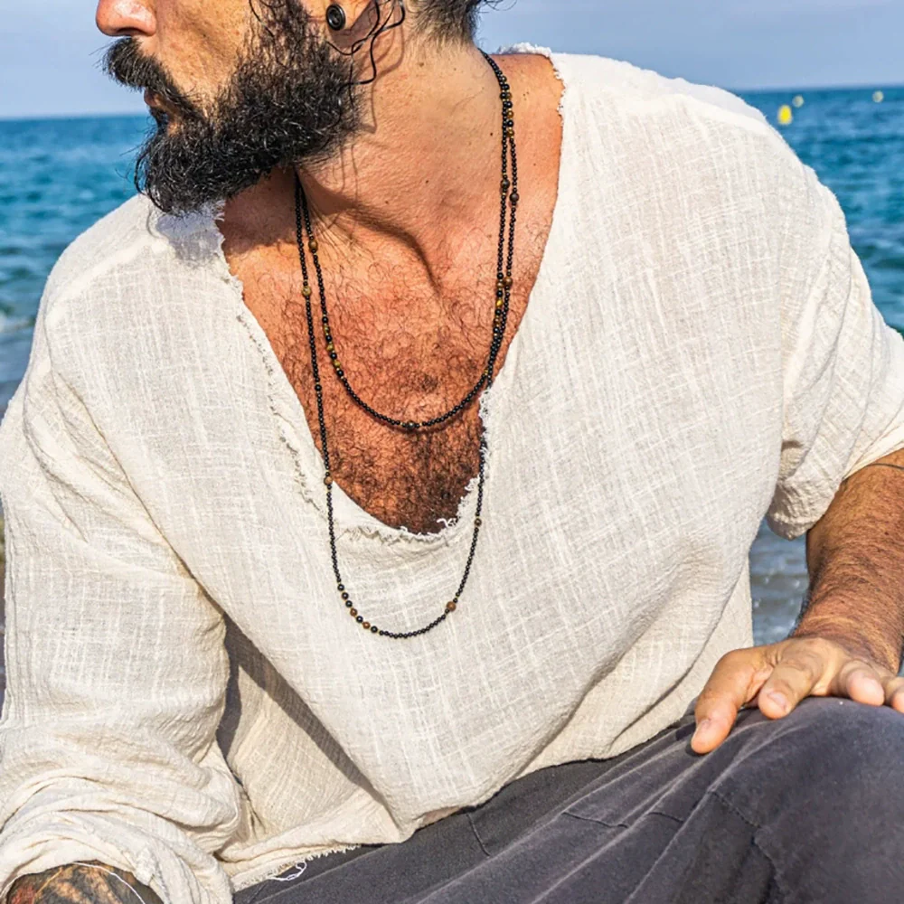 Wholesale Necklace Black King Kong Tiger Eye Stone Titanium Steel Geometric O Chain Electroplated For Men