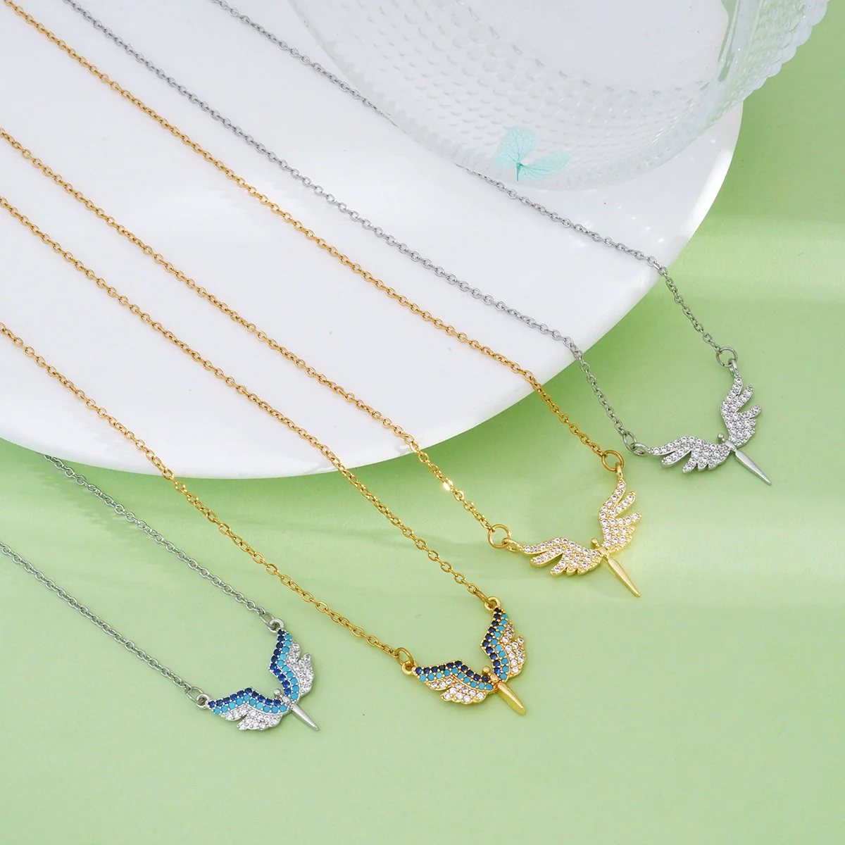 Wholesale Necklace Copper Titanium Steel Geometric Angel Wings Love Creative Light Luxury Electroplating Mixed Gemstone Inlay For Women - Image 2