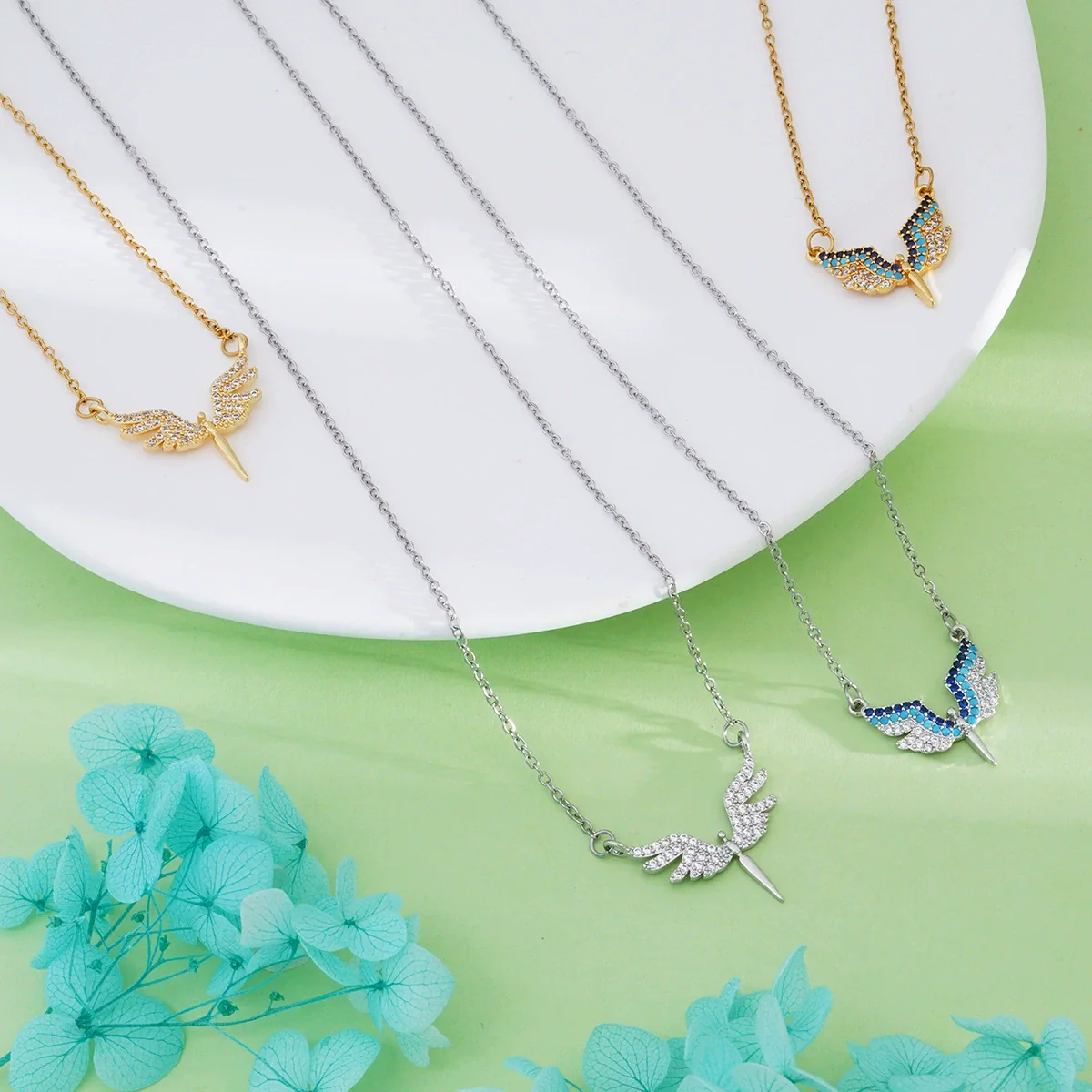 Wholesale Necklace Copper Titanium Steel Geometric Angel Wings Love Creative Light Luxury Electroplating Mixed Gemstone Inlay For Women - Image 3