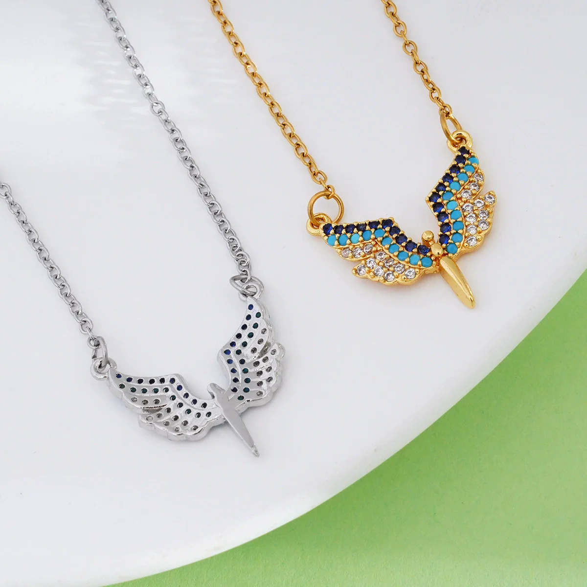 Wholesale Necklace Copper Titanium Steel Geometric Angel Wings Love Creative Light Luxury Electroplating Mixed Gemstone Inlay For Women - Image 4