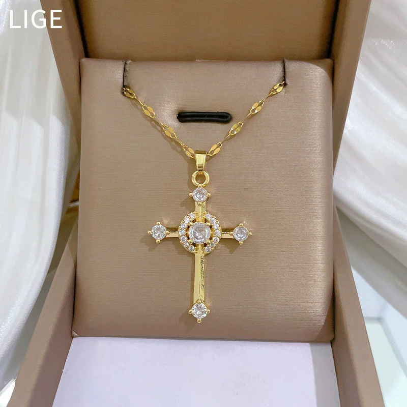 Wholesale Necklace Cross Zircon Light Luxury Gorgeous Diamond Titanium Steel Copper Chain For Female