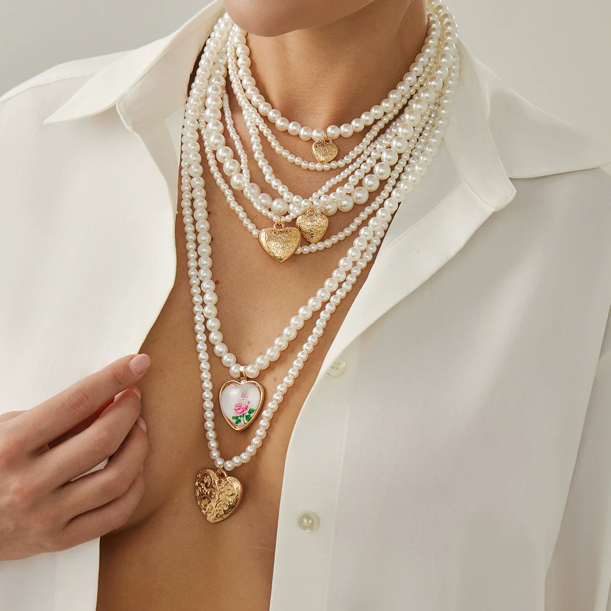 Wholesale Necklace Imitation Pearl Alloy Geometric Handmade Love Pendant - Image 2