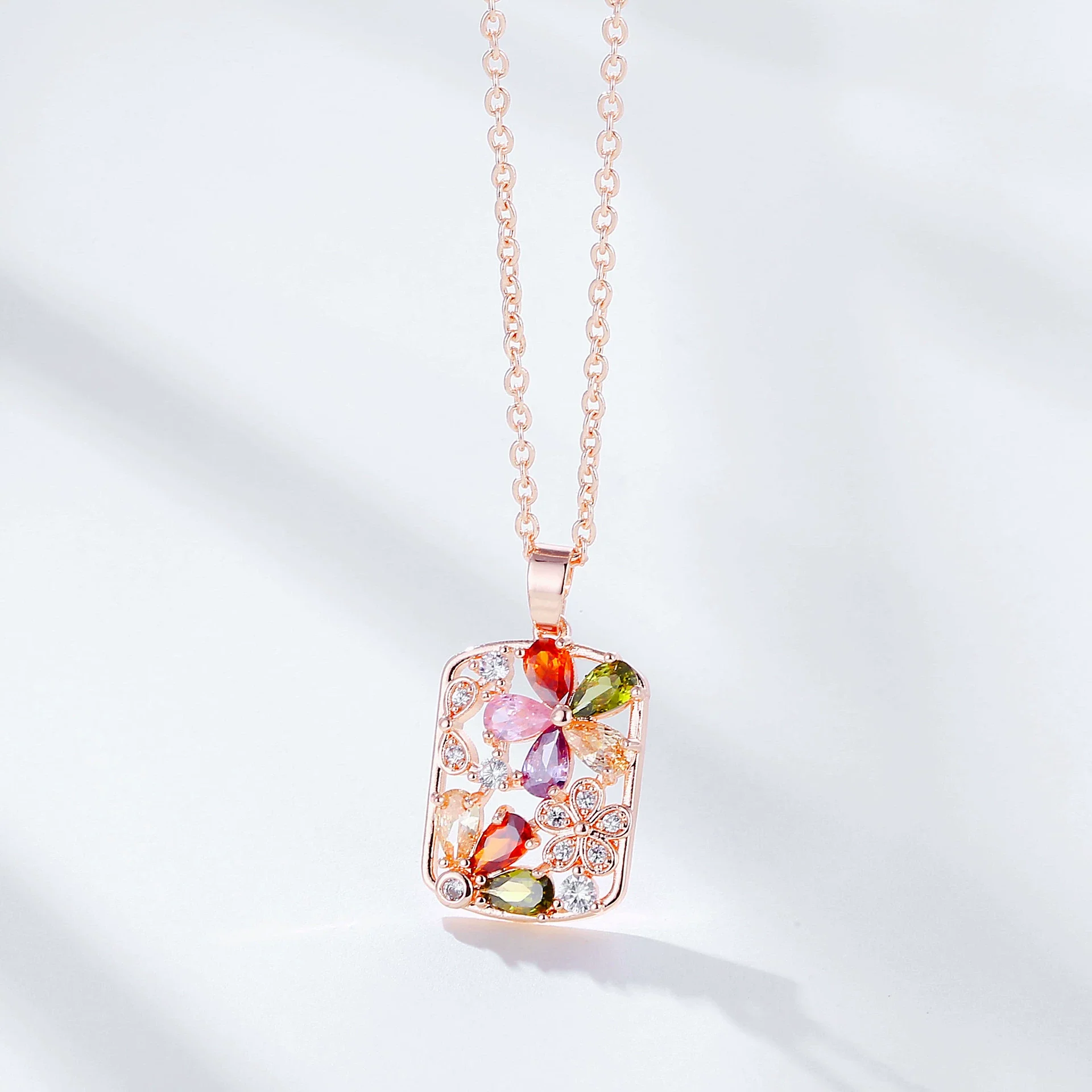 Wholesale Necklace Jewelry With Zircon Hollow Flower Pendant Copper Titanium Steel Color Retention Rhombus Design - Image 4