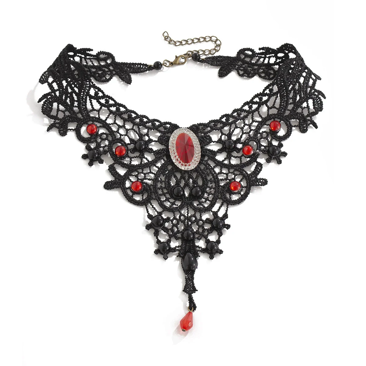 Wholesale Necklace Lace Pearl Alloy Dark Ruby Crystal Pendant Gothic Handmade Flower Style For Women - Image 5