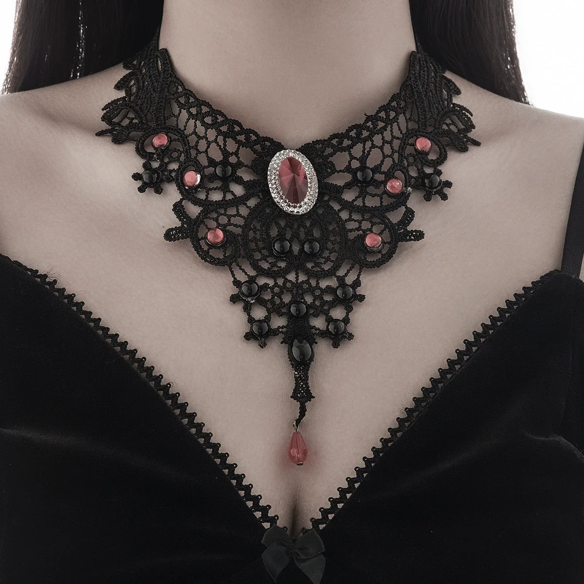 Wholesale Necklace Lace Pearl Alloy Dark Ruby Crystal Pendant Gothic Handmade Flower Style For Women - Image 6