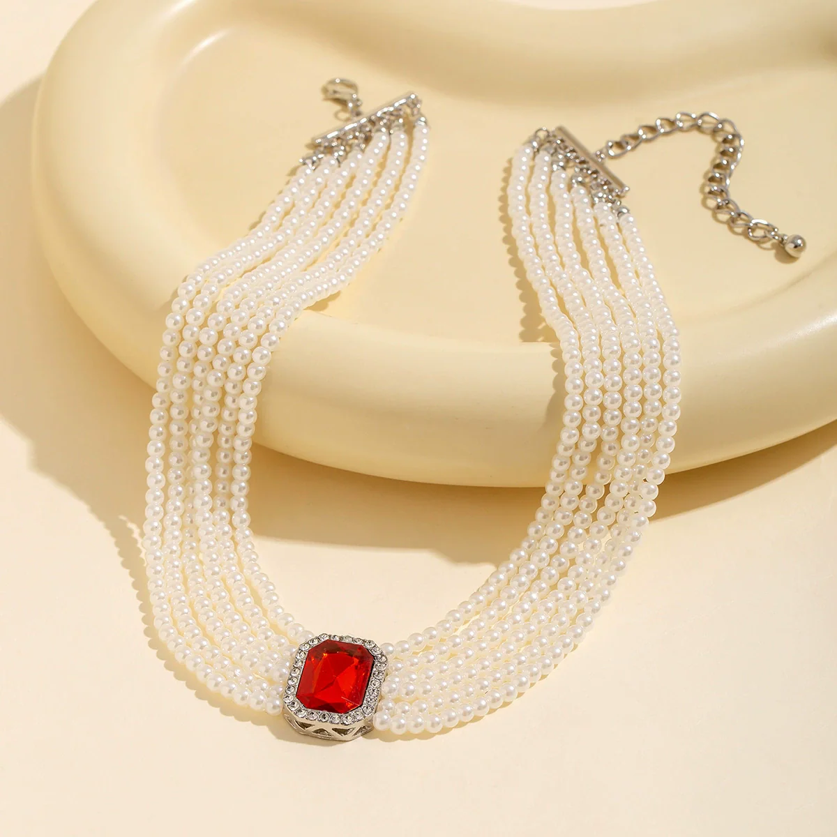 Wholesale Necklace Multilayer Imitation Pearl Ball Chain Alloy Pendant Geometric Style French Retro - Image 3