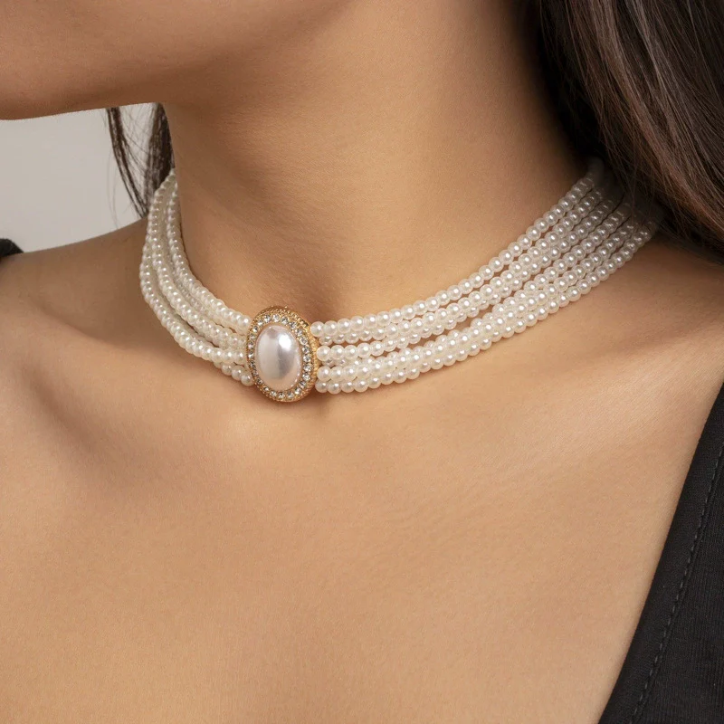 Wholesale Necklace Multilayer Imitation Pearl Ball Chain Alloy Pendant Geometric Style French Retro - Image 6