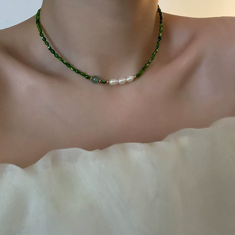 Wholesale Necklace Retro Style Pearl Green Agate Geometric Titanium Steel Handmade Women's - Image 2