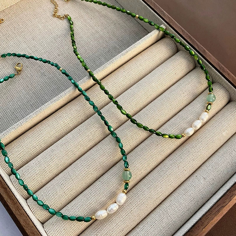 Wholesale Necklace Retro Style Pearl Green Agate Geometric Titanium Steel Handmade Women's - Image 3