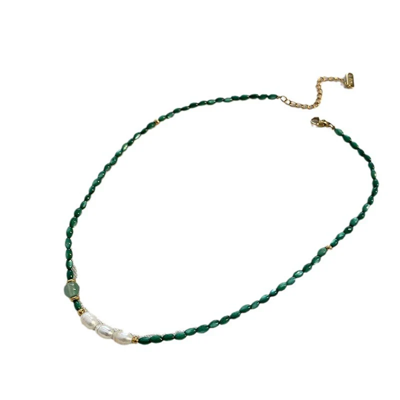 Wholesale Necklace Retro Style Pearl Green Agate Geometric Titanium Steel Handmade Women's - Image 5