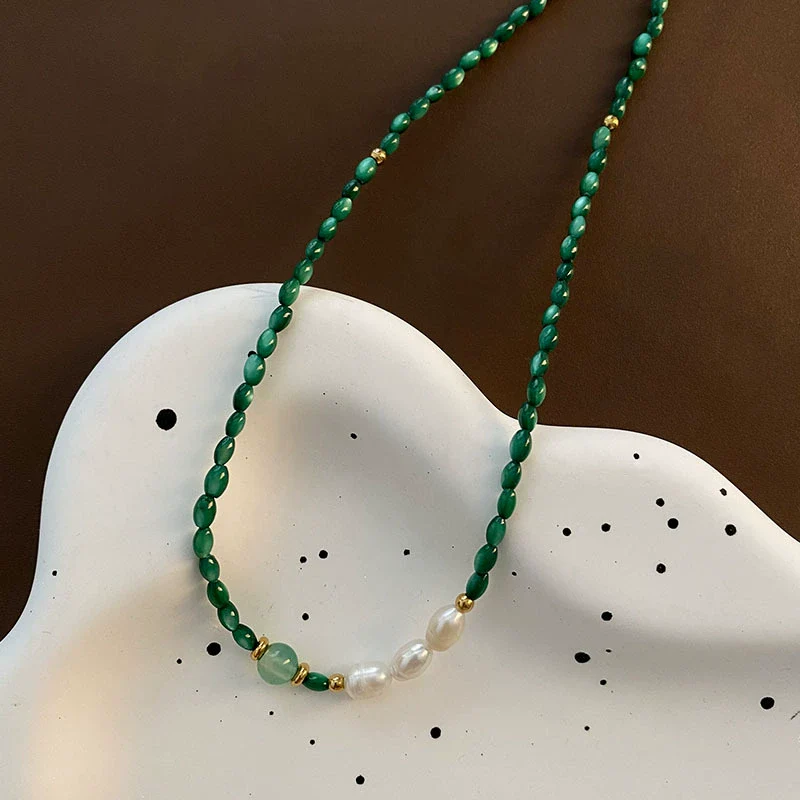 Wholesale Necklace Retro Style Pearl Green Agate Geometric Titanium Steel Handmade Women's - Image 6