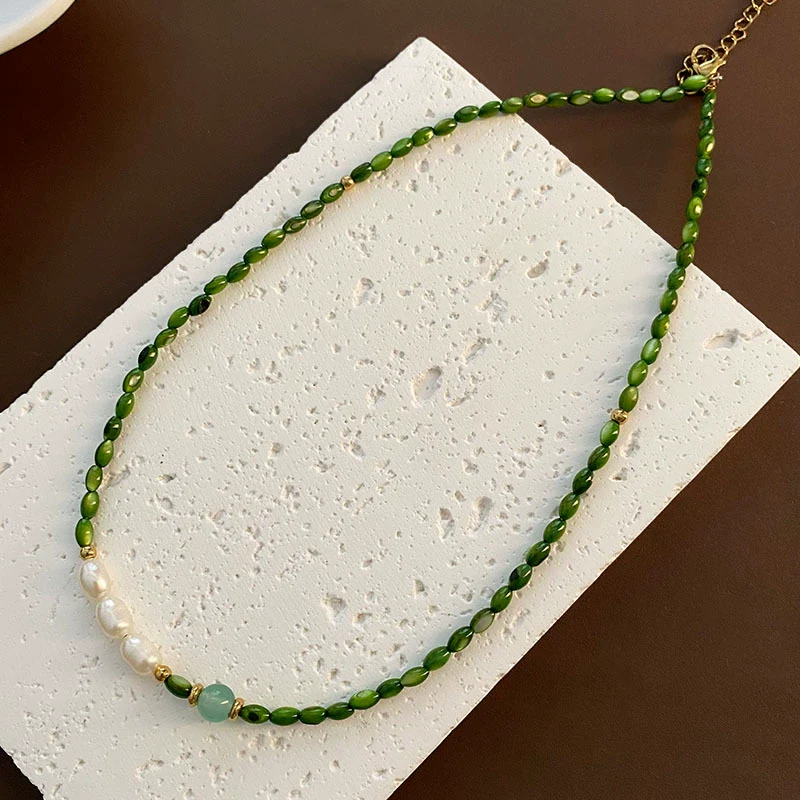 Wholesale Necklace Retro Style Pearl Green Agate Geometric Titanium Steel Handmade Women's - Image 7