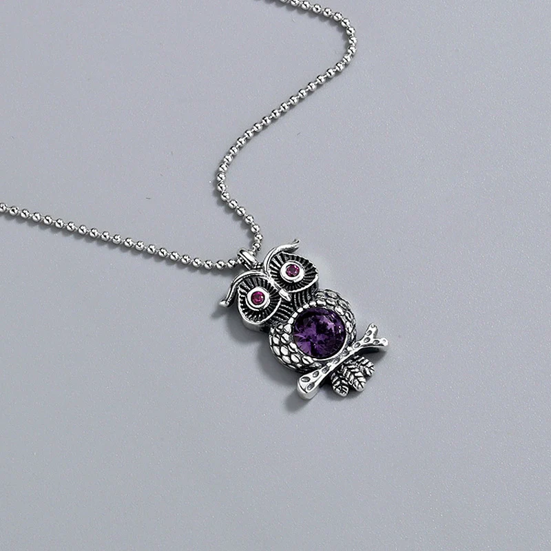 Wholesale Necklace S925 Sterling Silver Geometric Owl Crystal Pendant Bead Chain Electroplating Hipster Retro Distressed - Image 3