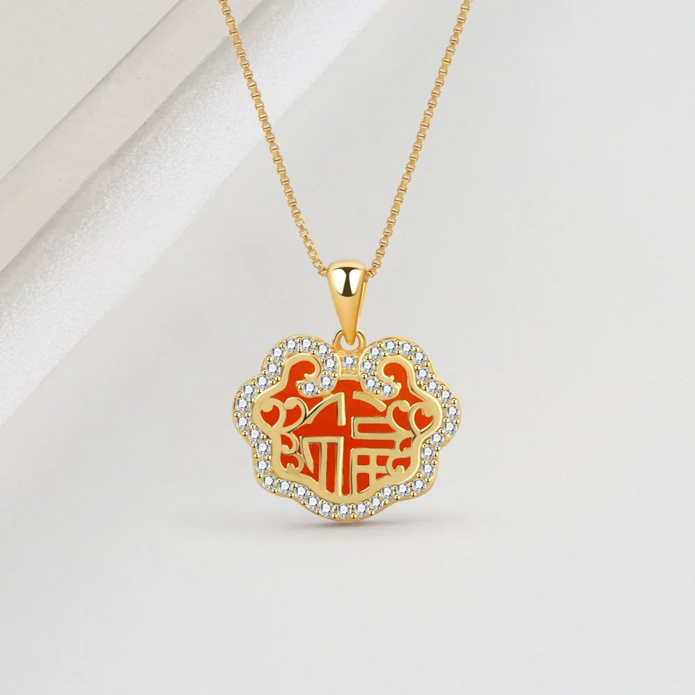 Wholesale Necklace S925 Sterling Silver Natural Red Agate Peace Lock Geometric Electroplated For Women