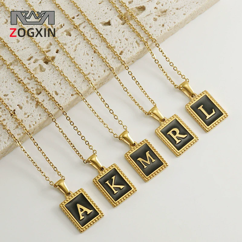 Wholesale Necklace 316L Stainless Steel 18K Gold Plated Letter Square Pendant For Women