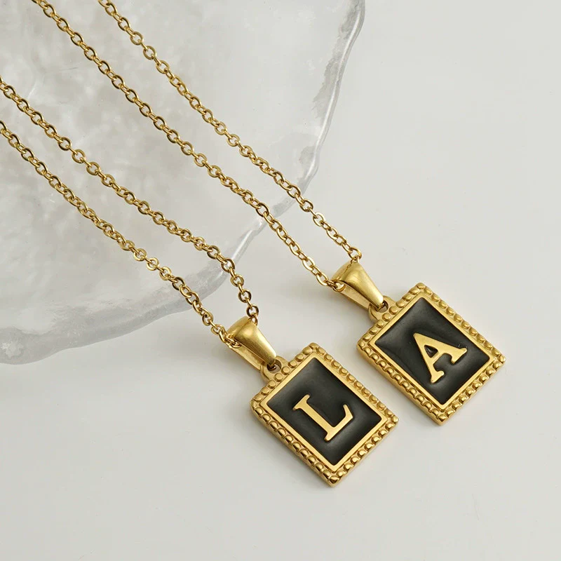 Wholesale Necklace 316L Stainless Steel 18K Gold Plated Letter Square Pendant For Women - Image 2