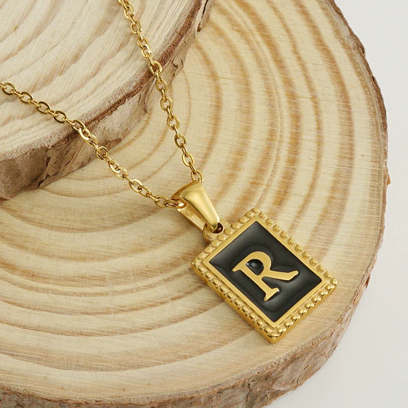 Wholesale Necklace 316L Stainless Steel 18K Gold Plated Letter Square Pendant For Women - Image 4