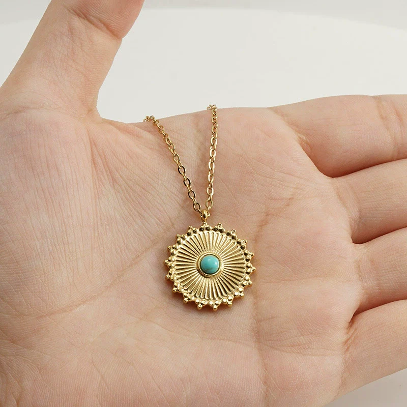 Wholesale Necklace 316L Stainless Steel Blue Turquoise Round Geometric Style Mixed Gem Inlay 18K Gold Plated For Women - Image 3