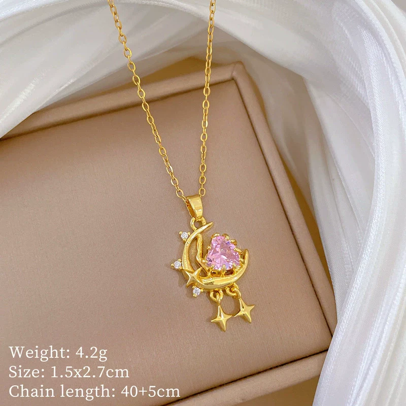 Wholesale Necklace Stainless Steel Copper Geometric Cartoon Pink Stars And Moon Full Diamond Light Luxury Elegant Gorgeous Unisex Allmatch Clavicle Chain - Image 6