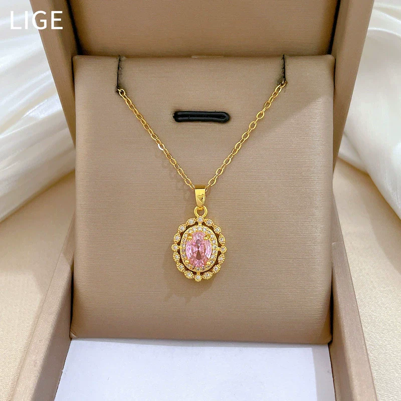 Wholesale Necklace Stainless Steel Eggshaped Animal Zodiac Cartoon Retro Pink Full Diamond Light Luxury Elegant Gorgeous Unisex Allmatch Clavicle Chain