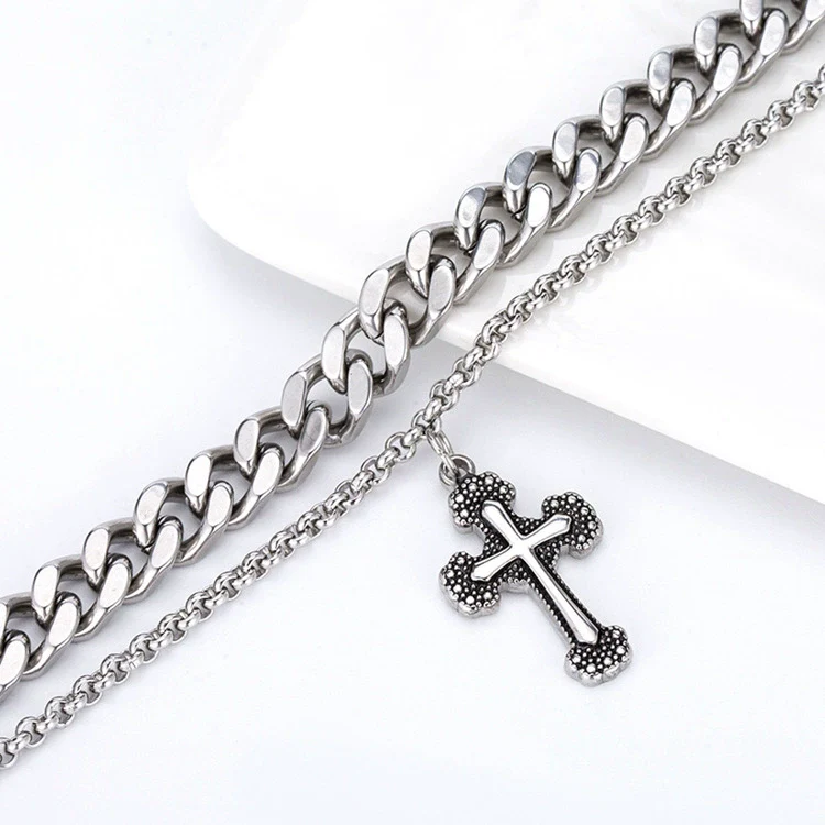 Wholesale Necklace Stainless Steel Geometric Vintage Punk Double Layer Snake Bone Chain Cross For Men With Oil Treatment - Image 2