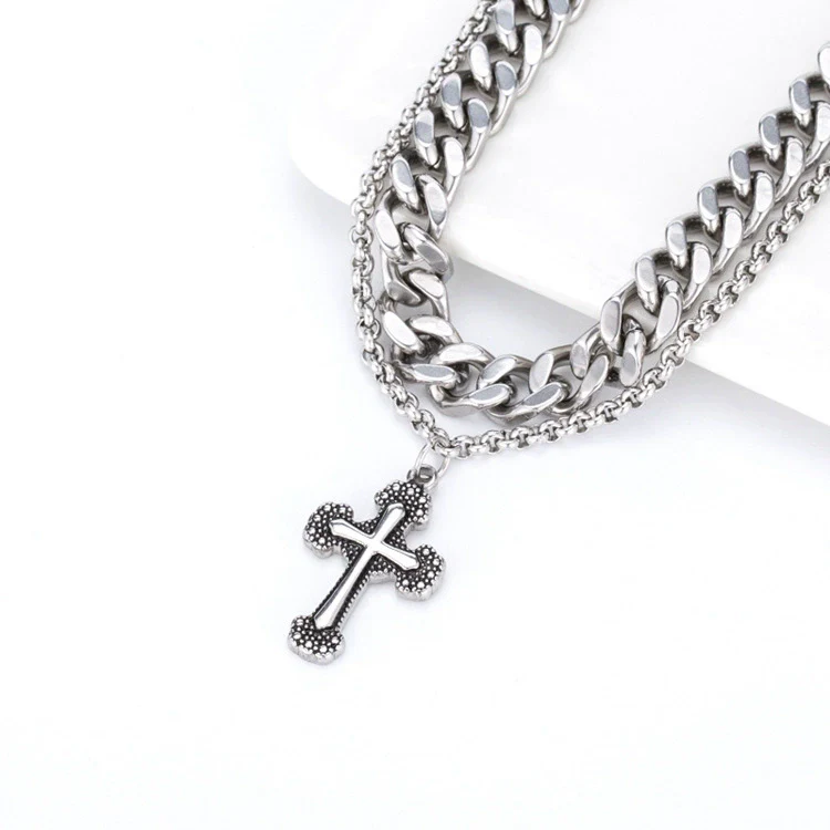 Wholesale Necklace Stainless Steel Geometric Vintage Punk Double Layer Snake Bone Chain Cross For Men With Oil Treatment - Image 3