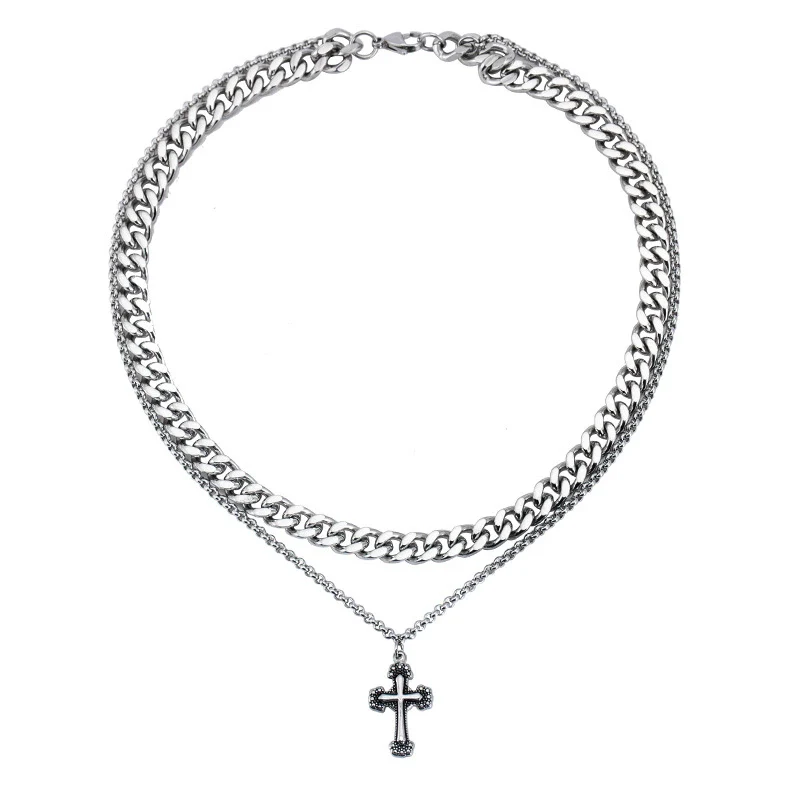 Wholesale Necklace Stainless Steel Geometric Vintage Punk Double Layer Snake Bone Chain Cross For Men With Oil Treatment - Image 5