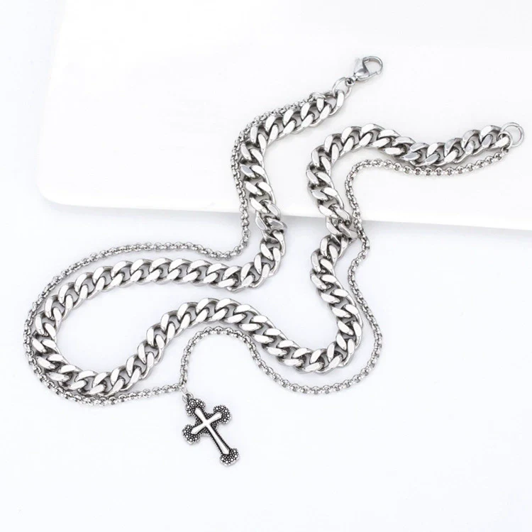 Wholesale Necklace Stainless Steel Geometric Vintage Punk Double Layer Snake Bone Chain Cross For Men With Oil Treatment - Image 6