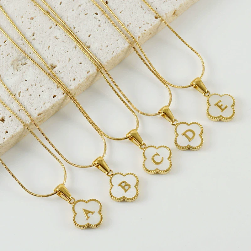 Wholesale Necklace 316L Stainless Steel 316L Stainless Steel Fourleaf Clover Shell Letter Pendant Snake Bone Chain Electroplating Women's Style