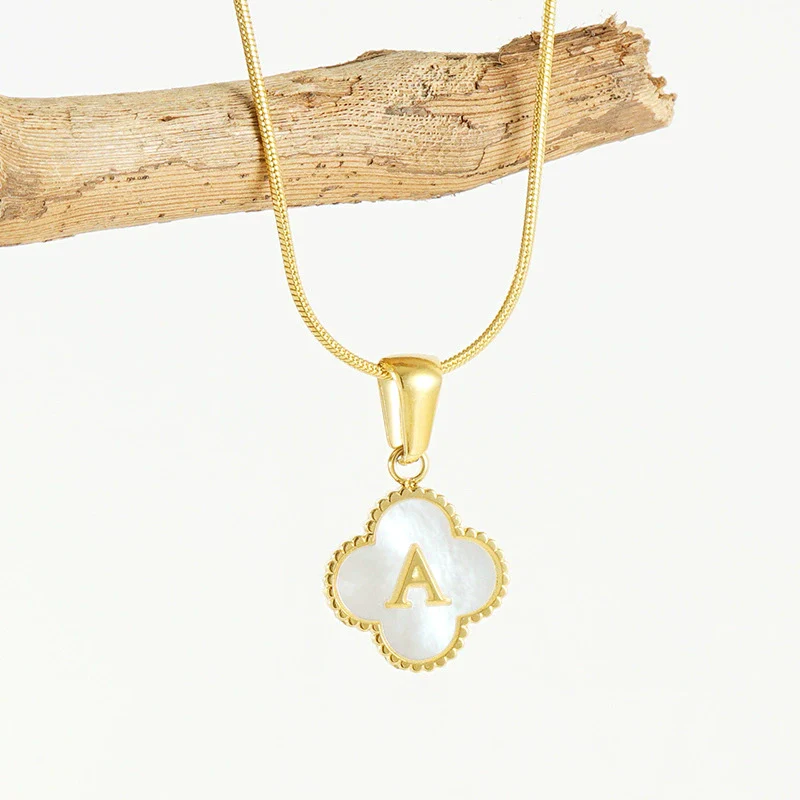 Wholesale Necklace 316L Stainless Steel 316L Stainless Steel Fourleaf Clover Shell Letter Pendant Snake Bone Chain Electroplating Women's Style - Image 2