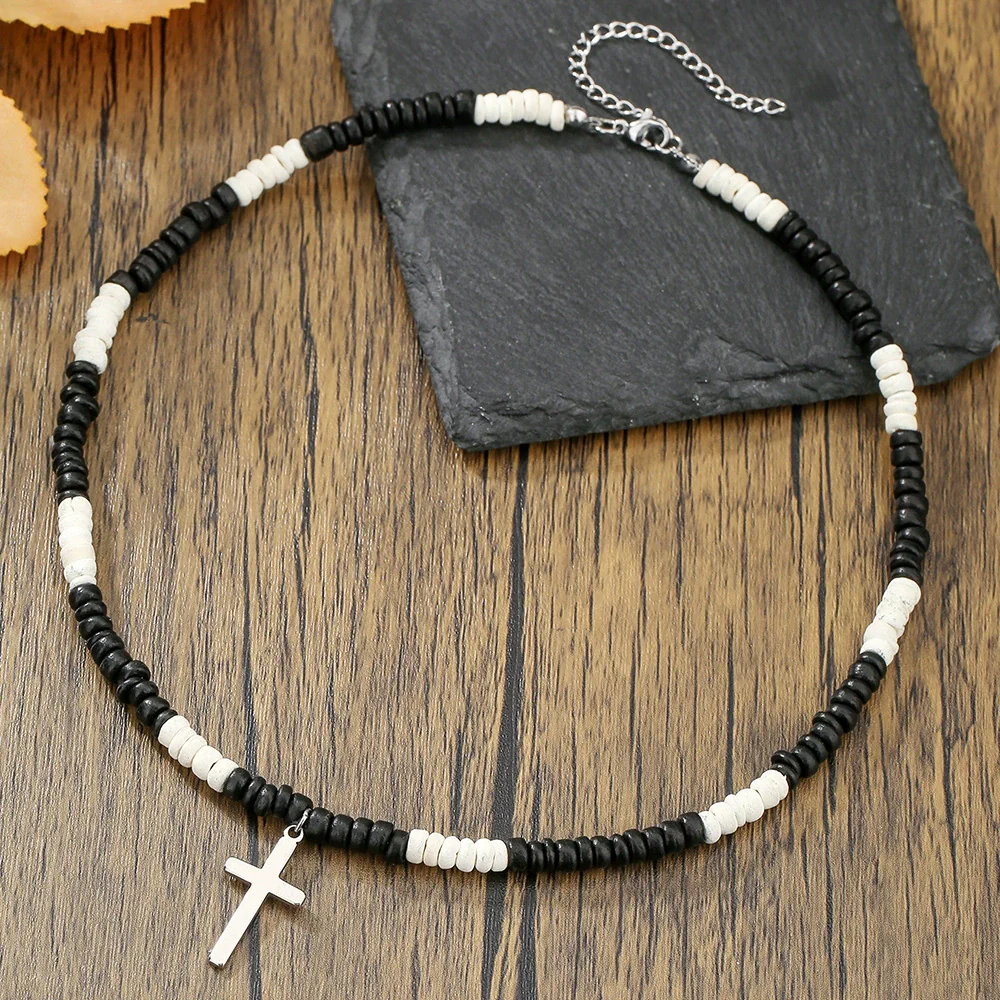 Wholesale Necklace Wooden Beads Alloy Cross Pendant Geometric Style Handmade For Men