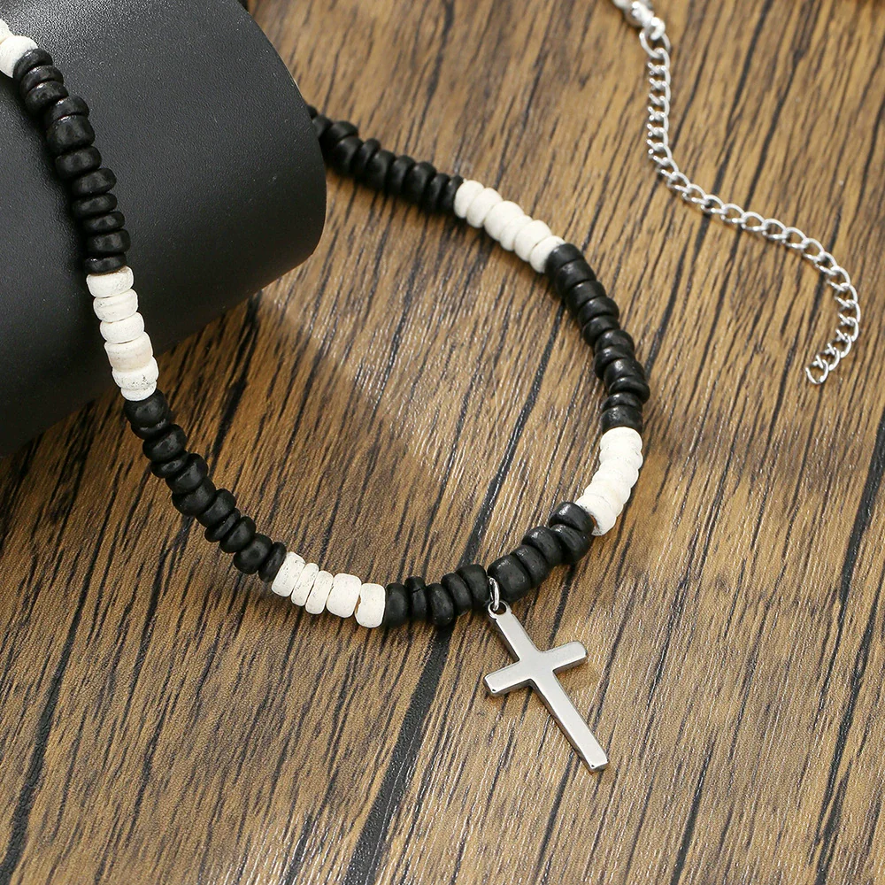 Wholesale Necklace Wooden Beads Alloy Cross Pendant Geometric Style Handmade For Men - Image 2