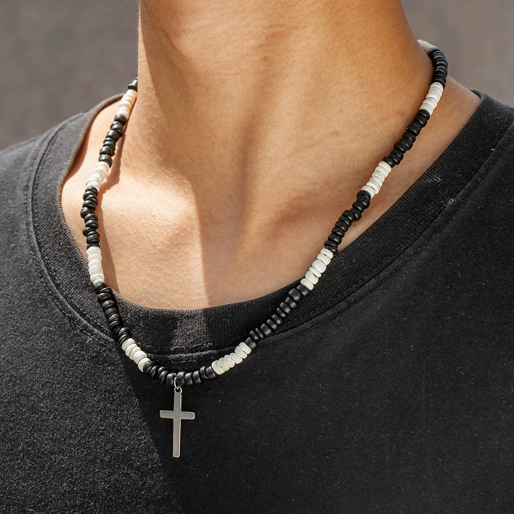 Wholesale Necklace Wooden Beads Alloy Cross Pendant Geometric Style Handmade For Men - Image 3