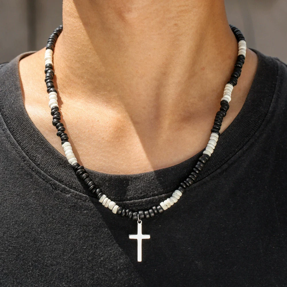 Wholesale Necklace Wooden Beads Alloy Cross Pendant Geometric Style Handmade For Men - Image 4