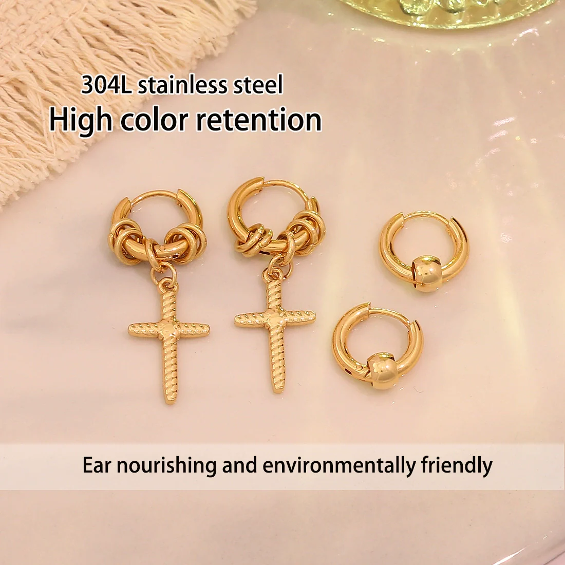 Wholesale Neutral Style Vacuum Plated Cross Titanium Steel And Stainless Steel Earrings For Women