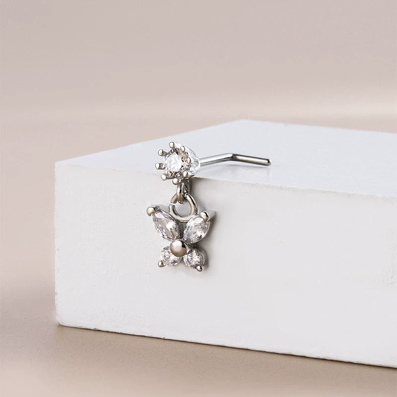 Wholesale Nose Accessories Stainless Steel Butterfly Puncture Nose Stud With Zircon Pendant Electroplated For Women - Image 4