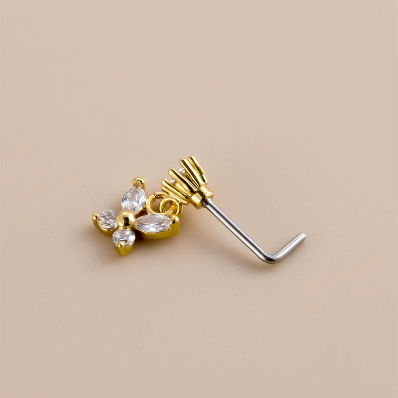 Wholesale Nose Accessories Stainless Steel Butterfly Puncture Nose Stud With Zircon Pendant Electroplated For Women - Image 5