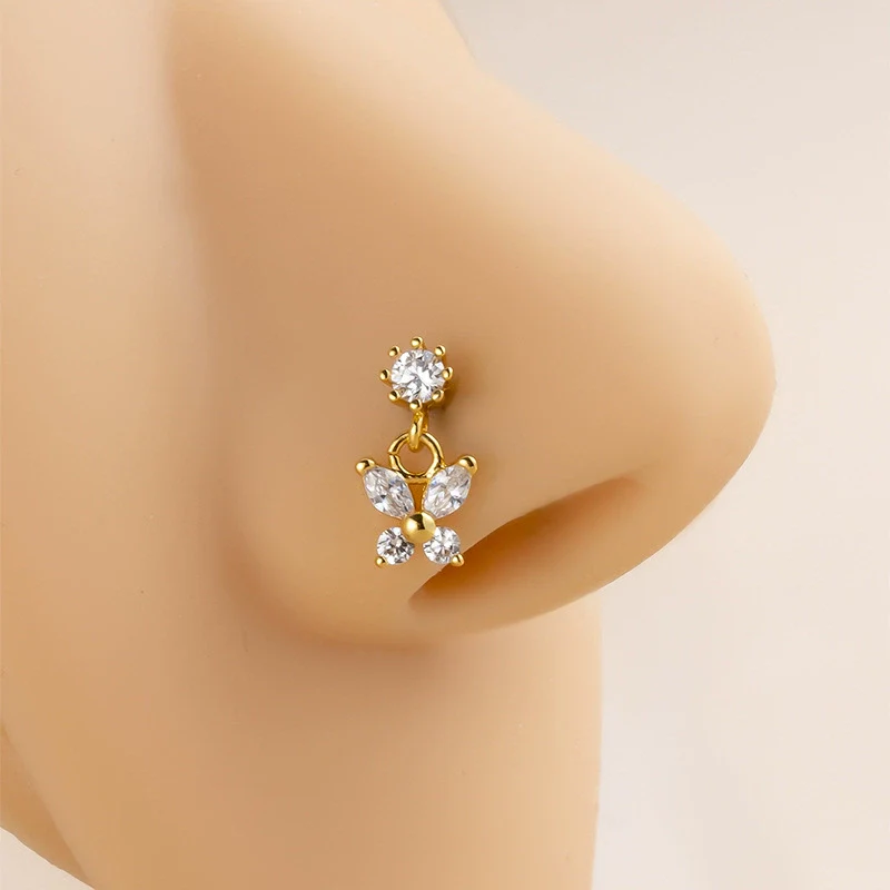 Wholesale Nose Accessories Stainless Steel Butterfly Puncture Nose Stud With Zircon Pendant Electroplated For Women - Image 7