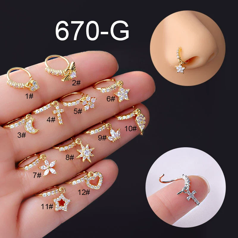 Wholesale Nose Ring Copper Star Moon Love Flower Cross Zircon Pendant Electroplated For Women