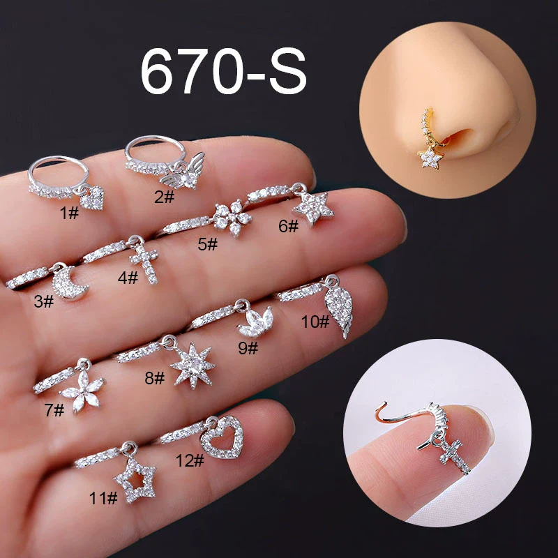 Wholesale Nose Ring Copper Star Moon Love Flower Cross Zircon Pendant Electroplated For Women - Image 2