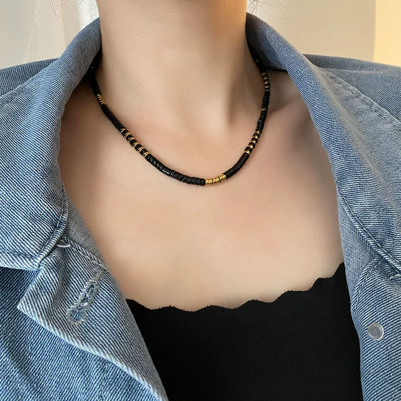 Wholesale Obsidian Titanium Steel Necklace Vintage Geometric Style Electroplated Ball Chain For Women - Image 4