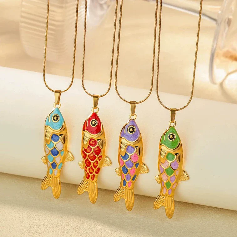 Wholesale Oil Dripping Process Gold Electroplated Stainless Steel Fish Pendant Cross Chain Necklace For Men And Women - Image 3