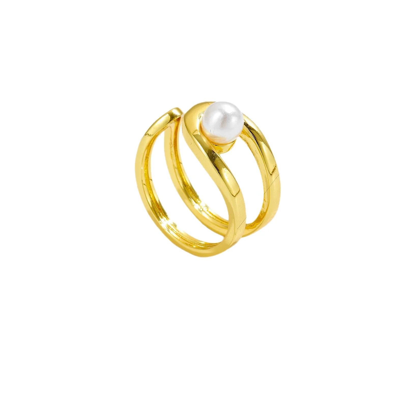 Wholesale Pearl Opening Adjustable Ring Copper Geometric Style Electroplated With Platinum And 18K Gold For Women - Image 5