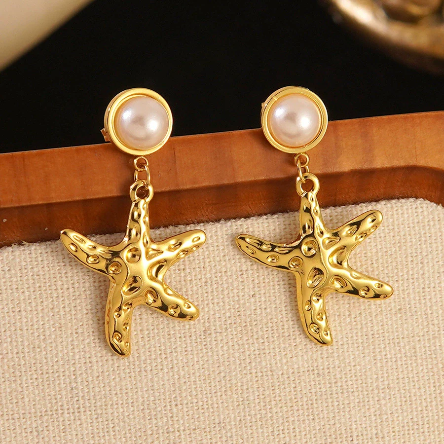 Wholesale Pearl Starfish Star Shaped Stainless Steel Stamped Earrings For Women - Image 4