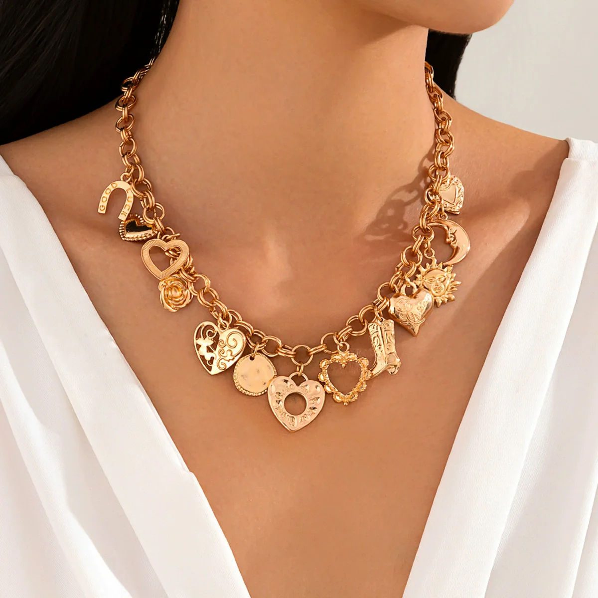 Wholesale Pendant Necklace Alloy Iron Chain Rhinestone Geometric Heart Shape Electroplating For Women - Image 3