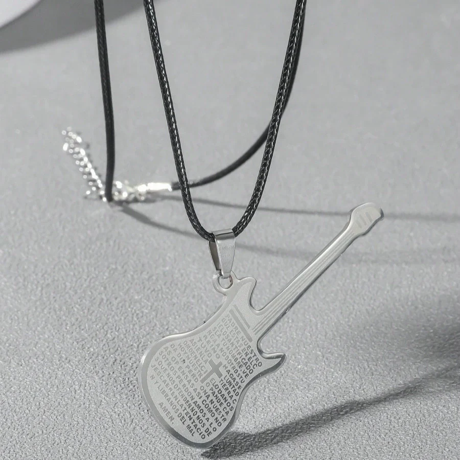 Wholesale Personality Fashion Stainless Steel And Titanium Steel Guitar Music Pendant Necklace With Geometric Pattern And Polishing Treatment Pearl Chain Style Hip Hop Jewelry - Image 9