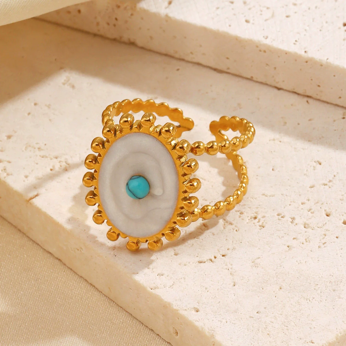 Wholesale Popular Electroplated Geometric Oval Turquoise Stainless Steel And Resin Ring For Women - Image 4